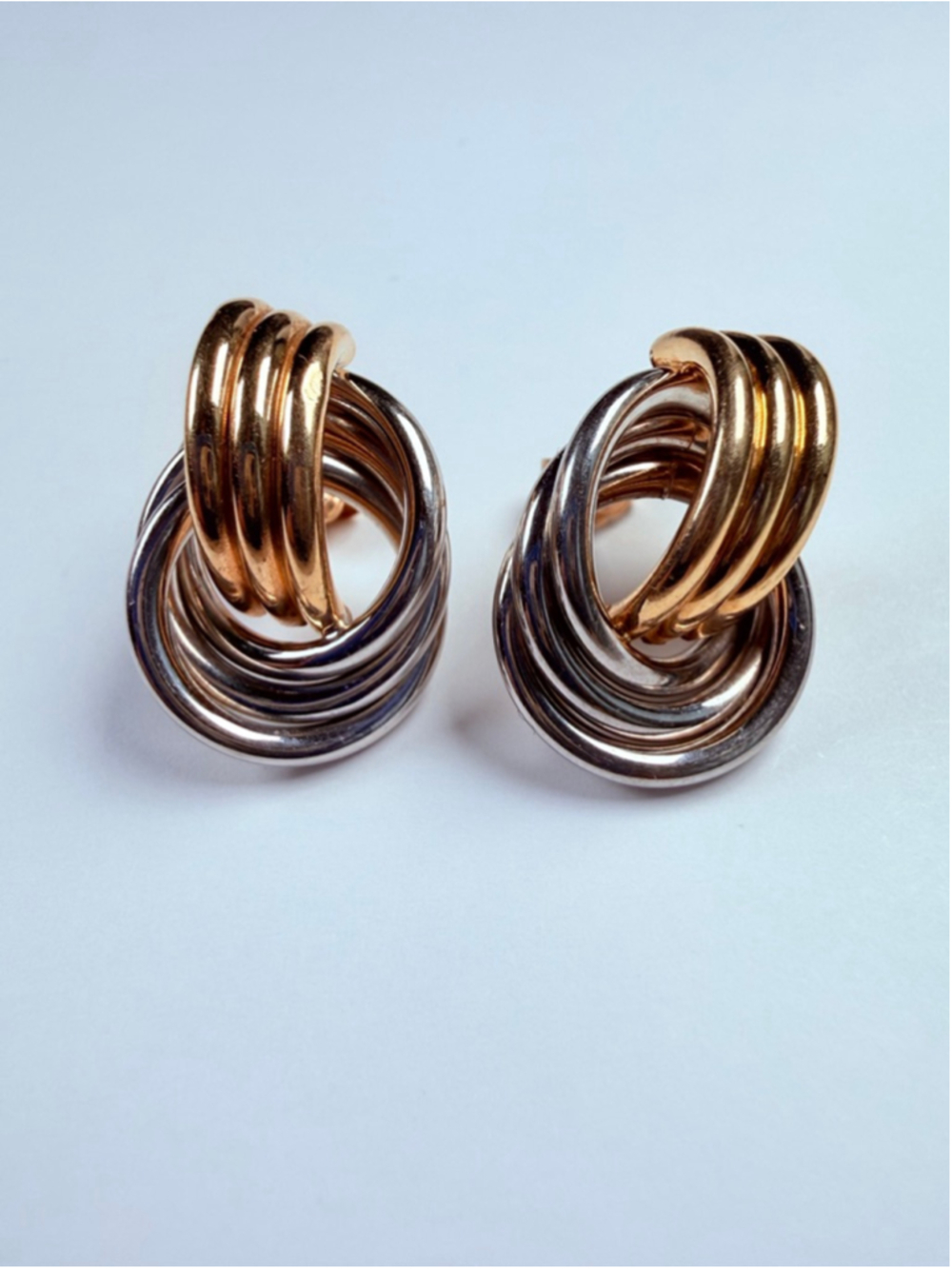14K Solid Two Tone Gold Fine Triple Circle Door Knocker Swirl Hoop Stud Earrings